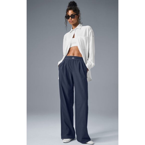 Alo Suit Up Trousers Navy High-Rise Waist Windbreaker Wide Leg Edgy Slacks Pants - Picture 5 of 10